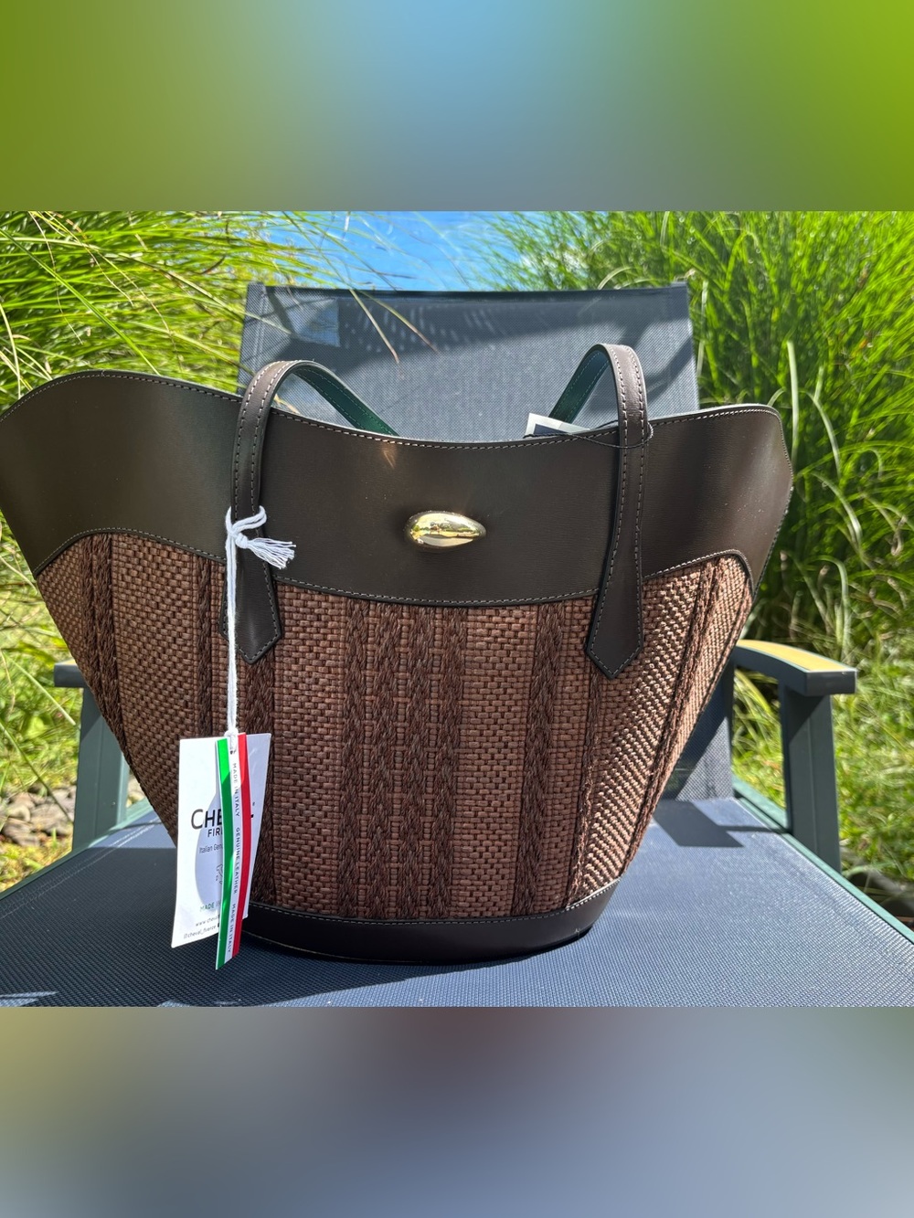 NWT Cheval Firenze Miranda Max Large Raffia Leather Tote Bag Italy.